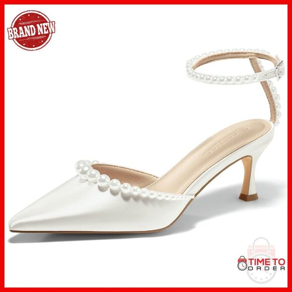 Shoes - Pearl Kitten Heels Satin Pumps Ankle Strap Wedding Dress Shoes